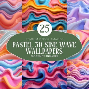 Puede incluir: Una colección de 25 fondos de pantalla pastel de ondas sinusoidales en 3D en varios colores, incluyendo rosa, naranja, azul y morado. La imagen incluye un óvalo verde con el texto "PASTEL 3D SINE WAVE WALLPAPERS" y "PLR RIGHTS INCLUDED".