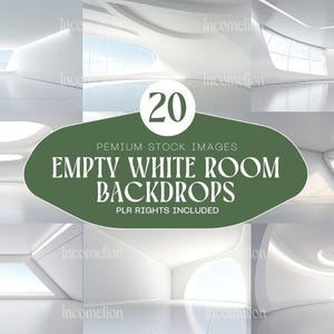 May include: A collection of 20 premium stock images featuring empty white room backdrops. The images showcase modern, minimalist architectural designs with clean lines and bright, open spaces. The text "EMPTY WHITE ROOM BACKDROPS" is visible.