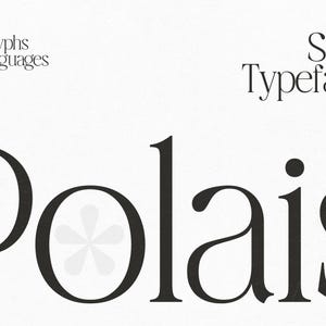 May include: A white background with the word "Polais" in a bold, black serif typeface. The letter "o" in "Polais" features a stylized, light gray floral design. Above, text reads "245 Glyphs 68 Languages" and "Serif Typeface."