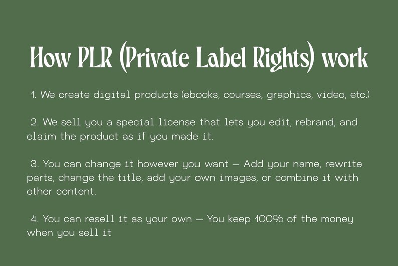 Pode incluir: Um fundo verde com texto branco explicando como funcionam os Direitos de Marca Privada (PLR). O texto &eacute; dividido em quatro pontos numerados, detalhando o processo de cria&ccedil;&atilde;o, licenciamento, edi&ccedil;&atilde;o e revenda de produtos digitais.