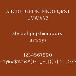 Può includere: Uno sfondo marrone mostra testo bianco dell'alfabeto maiuscolo e minuscolo, numeri e simboli. Le lettere sono in un carattere serif. Il testo è disposto in tre sezioni, con l'alfabeto in alto, seguito dall'alfabeto minuscolo, quindi numeri e simboli.