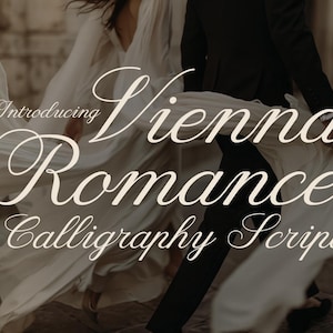 May include: A white script font overlay reading Introducing Vienna Romance Calligraphy Script, superimposed over a blurred image of a person in a flowing white dress and a person in a black suit walking together on a stone path.