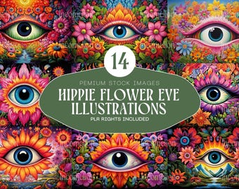 Puede incluir: Una colección de 14 ilustraciones psicodélicas vibrantes con ojos rodeados de flores coloridas. Las imágenes tienen una estética hippie, con una variedad de arreglos florales y diseños de ojos. El texto en la imagen dice "PREMIUM STOCK IMAGES HIPPIE FLOWER EYE ILLUSTRATIONS PLR RIGHTS INCLUDED".