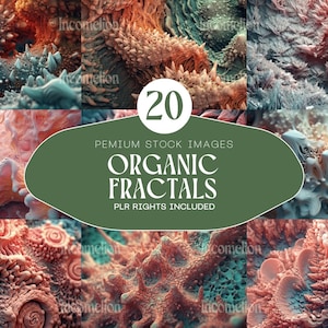 May include: A collection of 20 premium stock images featuring organic fractal designs in shades of teal, coral, and orange. The images have a textured, almost cellular appearance. Text on the image reads "ORGANIC FRACTALS" and "PLR RIGHTS INCLUDED."