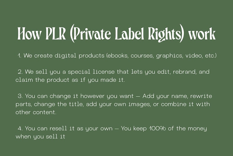 May include: A green background with white text explaining how Private Label Rights (PLR) work. The text is divided into four numbered points, detailing the process of creating, licensing, editing, and reselling digital products.