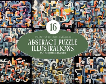 May include: A collection of 16 abstract puzzle illustrations with a variety of colorful, geometric shapes. The designs feature a mix of blues, oranges, yellows, and whites on a black background. The text "ABSTRACT PUZZLE ILLUSTRATIONS" is included.