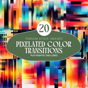 May include: A vibrant digital art piece featuring a collage of colorful, pixelated transitions. The artwork showcases a spectrum of hues, including red, yellow, blue, and black, with the number "20" in a white circle. Text on a green oval reads "PIXELATED COLOR TRANSITIONS".