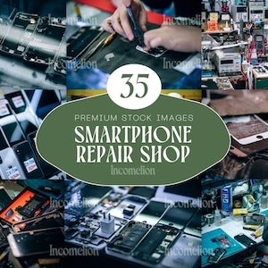 May include: A collection of images showing a smartphone repair shop, featuring various disassembled mobile devices, internal components, specialized tools, and a technician working at a cluttered workbench with electronic equipment and parts.