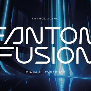 May include: A digital graphic display featuring the text INTRODUCING FANTOM FUSION MINIMAL TYPEFACE in a white, modern, sans-serif font. The background consists of abstract, dark blue, vertical light streaks and reflective surfaces.