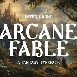 May include: A digital illustration promoting "Arcane Fable," a fantasy typeface. The image features a majestic castle, mountains, and a figure in a cloak. Text includes "Introducing" and "A Fantasy Typeface."