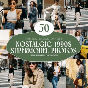 Può includere: Un collage di immagini con donne in vari contesti, che mostrano un'estetica da supermodella vintage degli anni '90. Le immagini includono donne in abiti casual e formali, con il testo "50 Premium Stock Images Nostalgic 1990s Supermodel Photos PLR Rights Included."