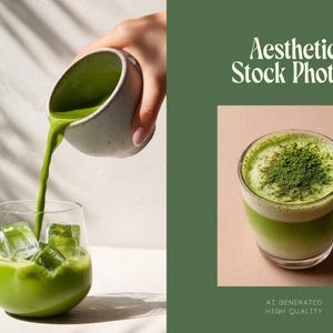May include: Aesthetic stock photo featuring matcha tea. A hand pours vibrant green matcha into a glass with ice cubes. The drink is a bright green color. The image also shows a finished matcha drink with a dusting of matcha powder.