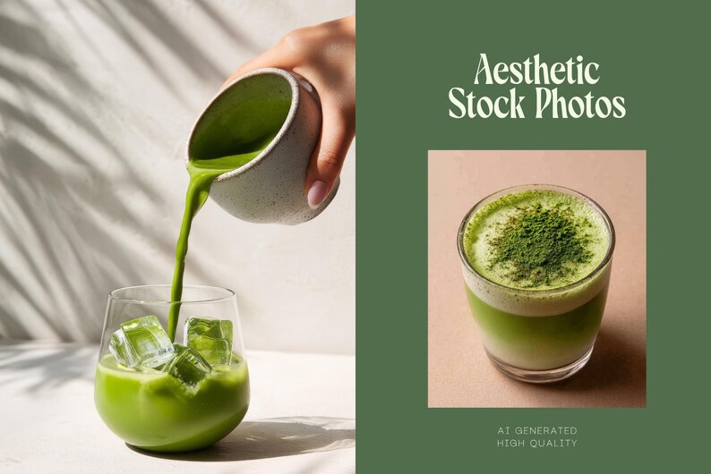 May include: Aesthetic stock photo featuring matcha tea. A hand pours vibrant green matcha into a glass with ice cubes. The drink is a bright green color. The image also shows a finished matcha drink with a dusting of matcha powder.