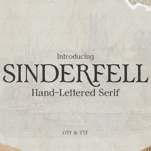 Könnte beinhalten: Grafik im Vintage-Stil mit dem Text "Introducing SINDERFELL Hand-Lettered Serif" in einer dunklen, eleganten Schriftart. Der Hintergrund hat das Aussehen von strukturiertem, gealtertem Papier mit dezentem Skript und zerrissenen Papierkanten.