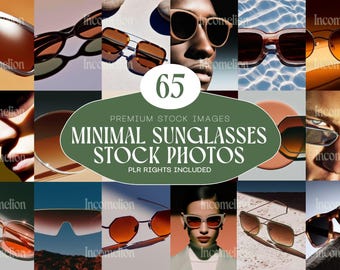 May include: A collage of sunglasses in various styles and colors, including brown, black, and tortoiseshell frames. The image features the text "MINIMAL SUNGLASSES STOCK PHOTOS" and "65" in a green oval.