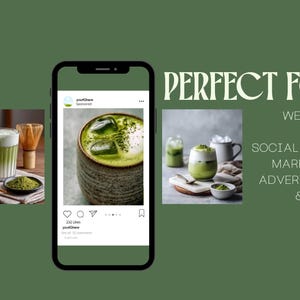 May include: A promotional image featuring matcha drinks in various presentations, including iced and latte styles, displayed on a smartphone screen and in separate photos. The text "PERFECT FOR" is displayed with a list of applications, including websites and social media.