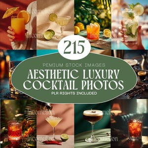 Puede incluir: Un collage de fotos de cócteles variados, incluyendo un martini, una margarita y otras bebidas mezcladas. La imagen presenta una variedad de colores y guarniciones, con el texto "Aesthetic Luxury Cocktail Photos" y "215" en el centro.