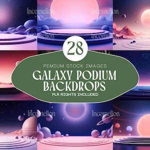 May include: A collection of 28 galaxy-themed podium backdrops. Each backdrop features a circular stage with celestial elements like planets, moons, and nebulae. The color palette includes shades of purple, pink, and blue, creating a cosmic atmosphere.