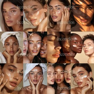 Pode incluir: Uma colagem de rostos diversos, cada um mostrando uma pele radiante. Alguns modelos aplicam produtos de cuidados com a pele, enquanto outros t&ecirc;m uma tez orvalhada. As imagens apresentam o texto "Incomelion". O tema geral &eacute; beleza e cuidados com a pele.