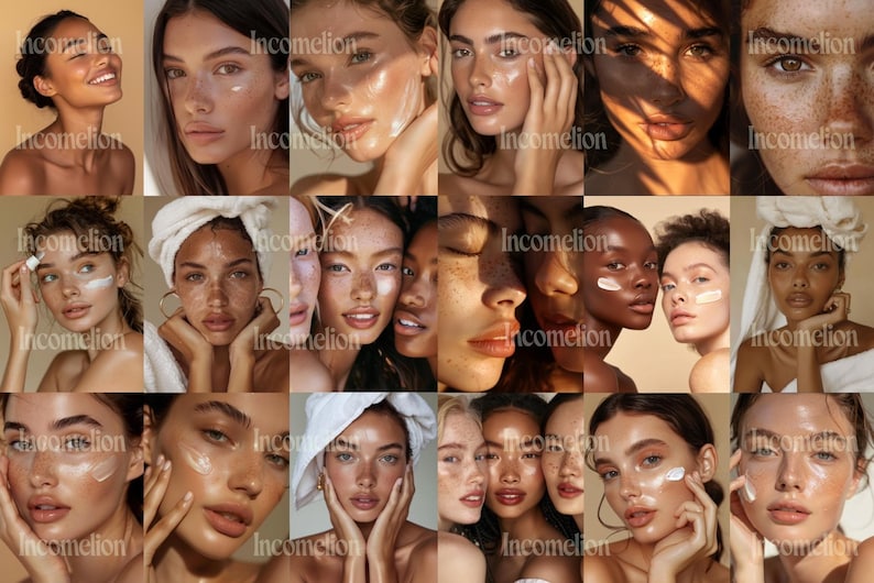 Pode incluir: Uma colagem de rostos diversos, cada um mostrando uma pele radiante. Alguns modelos aplicam produtos de cuidados com a pele, enquanto outros t&ecirc;m uma tez orvalhada. As imagens apresentam o texto "Incomelion". O tema geral &eacute; beleza e cuidados com a pele.