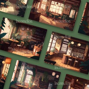 May include: A collection of digital art prints depicting cozy cafe interiors. Each print showcases a different angle of a cafe, with tables, chairs, plants, and warm lighting. The prints have a vintage, inviting aesthetic, perfect for home decor.