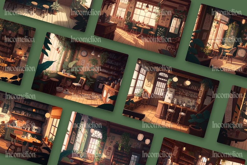 May include: A collection of digital art prints depicting cozy cafe interiors. Each print showcases a different angle of a cafe, with tables, chairs, plants, and warm lighting. The prints have a vintage, inviting aesthetic, perfect for home decor.