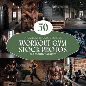 Könnte beinhalten: Eine Collage von Bildern mit dem Thema Fitnessstudio. Die Bilder zeigen verschiedene Trainingsszenen, darunter Gewichtheben und Training. Der Text-Overlay lautet "50 PREMIUM STOCK IMAGES WORKOUT GYM STOCK PHOTOS PLR RIGHTS INCLUDED."