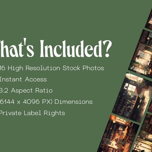 May include: A green background with white text that reads "What's Included?" followed by a list of features: 16 High Resolution Stock Photos, Instant Access, 3:2 Aspect Ratio, (6144 x 4096 PX) Dimensions, and Private Label Rights.