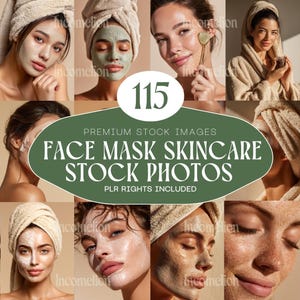May include: A collage of women with various face masks and skincare treatments. The image includes text that reads "FACE MASK SKINCARE STOCK PHOTOS" and "PLR RIGHTS INCLUDED". The women are shown with towels on their heads and in various stages of skincare.