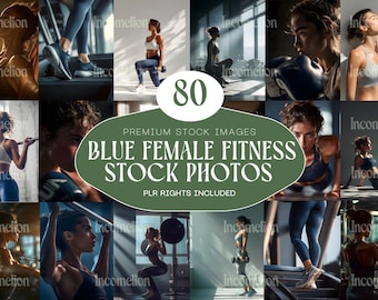 May include: A collage of images featuring women in various fitness activities. The images showcase women working out with weights, on treadmills, and doing other exercises. The text on the image reads "80 PREMIUM STOCK IMAGES BLUE FEMALE FITNESS STOCK PHOTOS PLR RIGHTS INCLUDED."