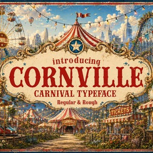 May include: A vintage-style carnival poster featuring the text 'introducing CORNVILLE CARNIVAL TYPEFACE Regular & Rough'. The scene depicts a fairground with a ferris wheel, roller coaster, red and white striped tents, and various stalls.