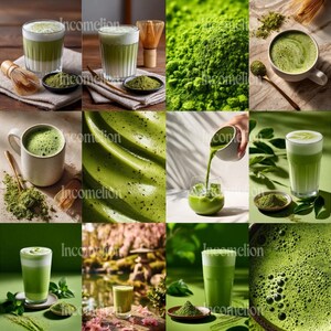 May include: A collage of images showcasing matcha tea in various forms. The images include matcha powder, prepared drinks in glasses and mugs, and the tools used to prepare the tea. The drinks are a vibrant green color.