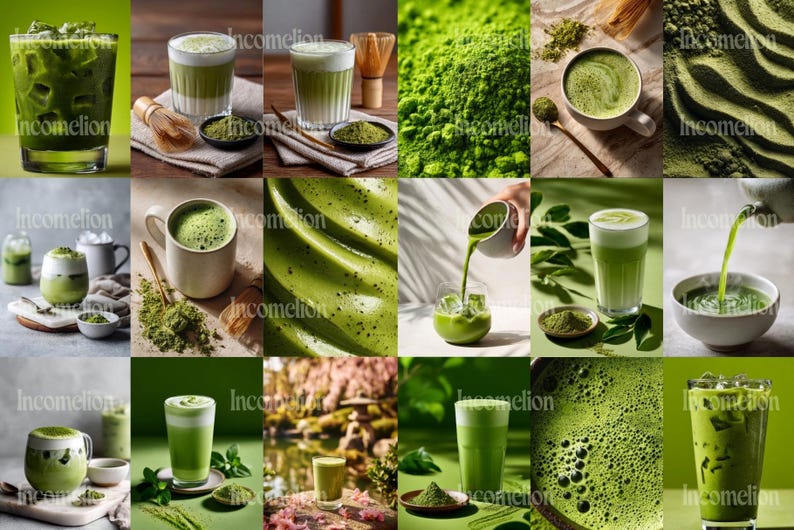 May include: A collage of images showcasing matcha tea in various forms. The images include matcha powder, prepared drinks in glasses and mugs, and the tools used to prepare the tea. The drinks are a vibrant green color.