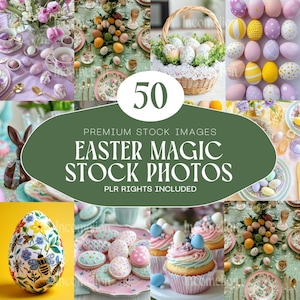 May include: A collage of Easter-themed stock photos. The images include decorated eggs, floral arrangements, cupcakes, cookies, and a bunny. The text in the center reads "Easter Magic Stock Photos". The color palette is pastel with a focus on spring colors.