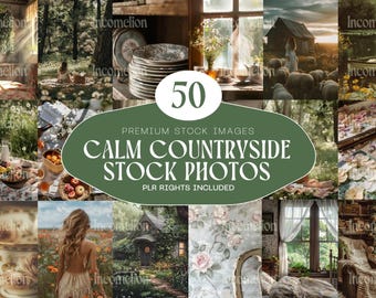 May include: A collage of 50 stock photos with a countryside theme. The images include scenes of nature, picnics, and cozy interiors. The text on the image reads "CALM COUNTRYSIDE STOCK PHOTOS" and "PLR RIGHTS INCLUDED".