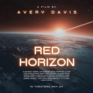 May include: Film poster for "Red Horizon" by Avery Davis. The image features a planet with a bright sun and a streak of light. The title is in large, glowing letters, with the cast and release date below.