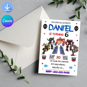 Modèle d&#39;Invitation d&#39;anniversaire modifiable Rescue Bots Transformers, Invitation imprimable Rescue Bots, Invitation d&#39;anniversaire numérique Autobots