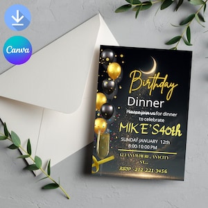 Digital Birthday Dinner Invitation Template, Black Tie Glam Invite, Animated Black Golden Diamond Evite For Men & Women, Self Editable eCard