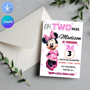 Oh Twodles Birthday invitation, Oh Twoodles Invite, Minnie mouse party, girl pink minnie 2nd birthday evite, editable template digital