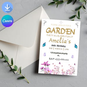 Wildflower Birthday Invitation Garden Party Invite Girl 18th Birthday Pink Purple Wild Flower Floral Spring Flowers Butterfly EDITABLE AT69P