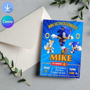 Sonic 3 Birthday Invitation, Super Hedgehog Boys Party Invite, Super Sonic Party Invitation, Editable Sonic Invite Template, Canva Template