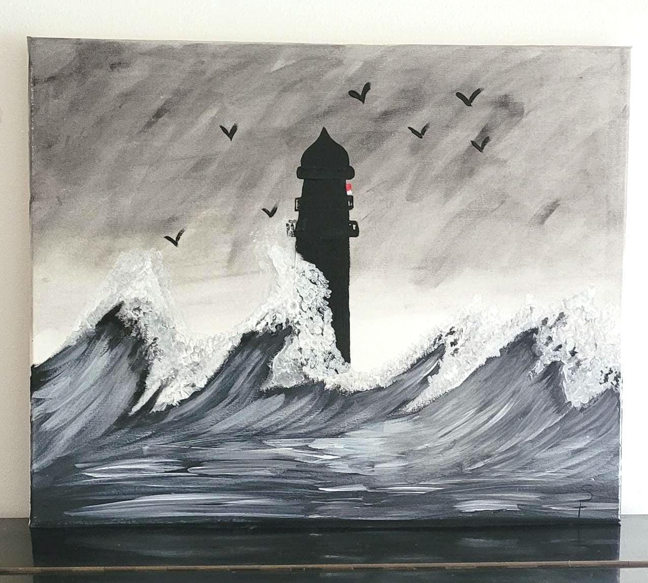 アクリル画。嵐の中の海に浮かぶ灯台を描いたキャンバス。 - Etsy 日本