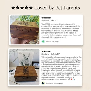 May include: Two rectangular wooden pet memorial urn boxes with engraved pet portraits and names. The top box is labeled 'Maisie' with dates 2012-2026, size 6x4x3 inches. The bottom box is labeled 'Kane' with dates 2021-2026, size 9x5.5x4.5 inches.