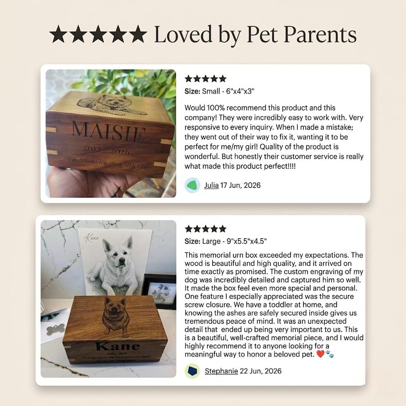 May include: Two rectangular wooden pet memorial urn boxes with engraved pet portraits and names. The top box is labeled 'Maisie' with dates 2012-2026, size 6x4x3 inches. The bottom box is labeled 'Kane' with dates 2021-2026, size 9x5.5x4.5 inches.