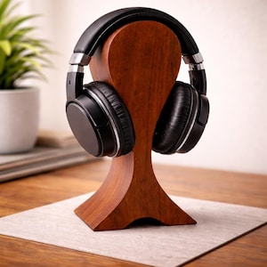 Può includere: Cuffie nere over-ear su un supporto in legno. Il supporto è di colore marrone scuro e ha un design curvo distintivo. Le cuffie hanno padiglioni neri e dettagli argentati. Il supporto è in legno.