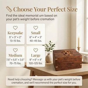 May include: A rectangular wooden pet memorial urn featuring an engraved dog portrait and the text Cooper 2011-2024. A size guide chart displays four categories: Keepsake 5x3x2 inches, Small 6x4x3 inches, Medium 7.5x5.5x3.5 inches, and Large 9x6x4 inches.