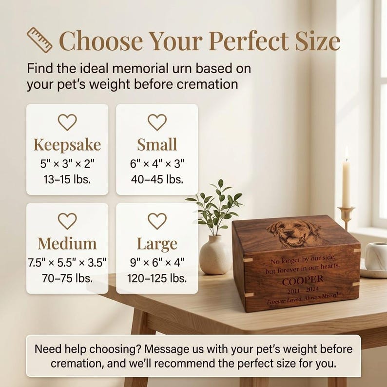 May include: A rectangular wooden pet memorial urn featuring an engraved dog portrait and the text Cooper 2011-2024. A size guide chart displays four categories: Keepsake 5x3x2 inches, Small 6x4x3 inches, Medium 7.5x5.5x3.5 inches, and Large 9x6x4 inches.