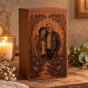 Könnte beinhalten: Eine rechteckige Urne aus Holz mit einem lasergravierten Porträt von zwei Personen, die zusammenstehen. Das Paar ist von einem komplizierten Design aus Bäumen und Laub umrahmt. Die Holzmaserung ist auf der gesamten Oberfläche des Behälters sichtbar.