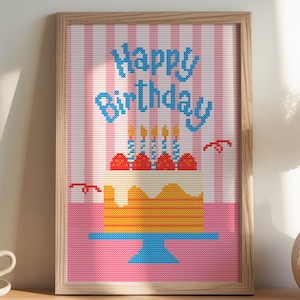 Happy Birthday Cake Cross Stitch Pattern | Celebration Embroidery (PDF)
