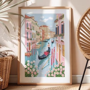 Venice Gondola Cross Stitch Pattern: Canal Landscape Embroidery (PDF Digital Download)